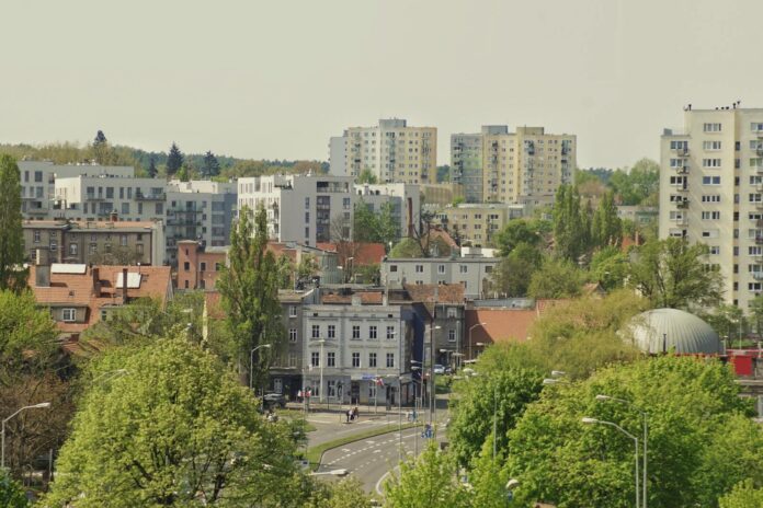 Charming urban landscape of Zielona Góra with lush greenery and diverse architecture.